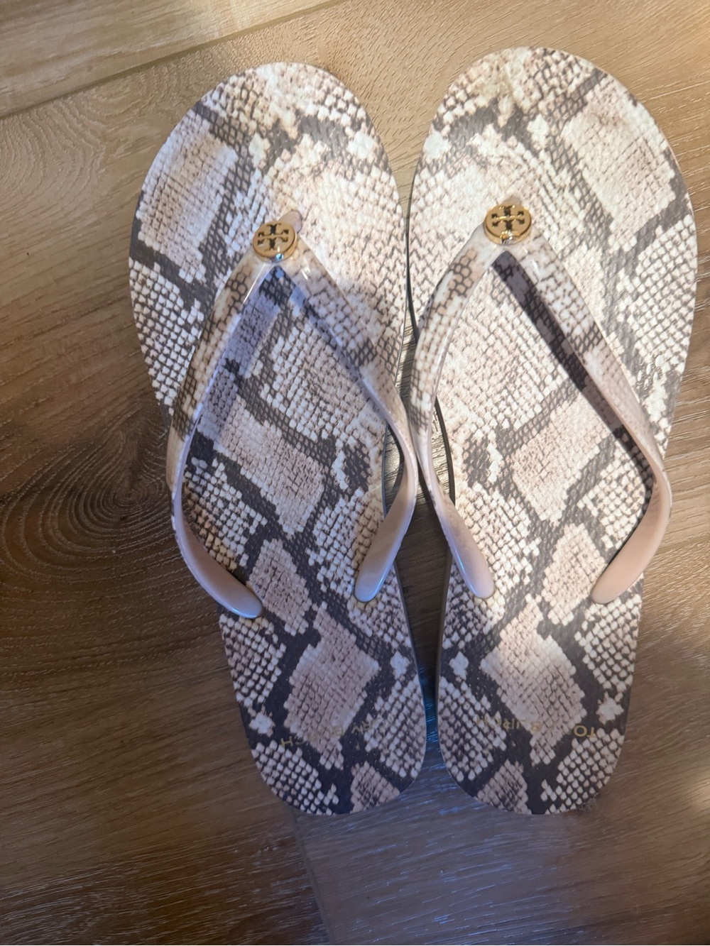 Tory Burch Neutral Snake-Print Flip Flop Sandals with Gold Logo